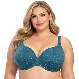 Cacique Lightly Lined T-Shirt Bra 40DD Teal Polka Dot Underwire